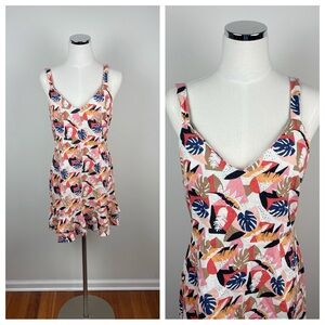 Sadie & Sage White Pink Tan Tropical Floral Linen Dress Women Large Boho